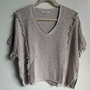Madewell Fringed Cream Knit V-Neck Sweater Top, Short Sleeves, Medium